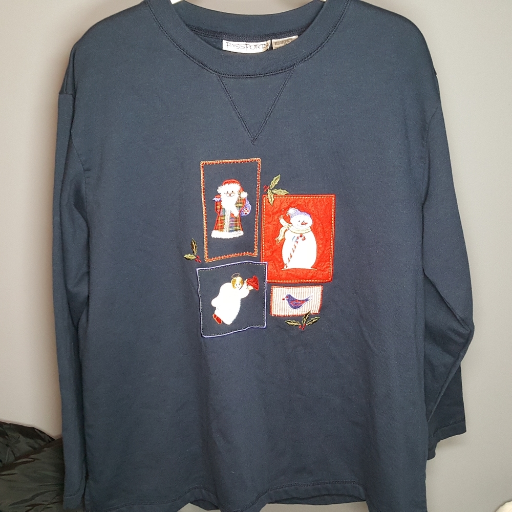 Vintage 80s 90s Christmas Sweater-Blue-Womens XL-Santa,Angel,Snowman, Holly-ugly